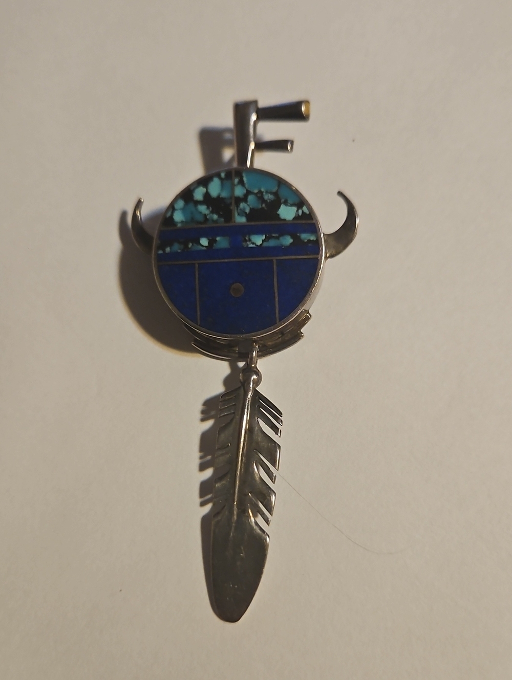 Sterling Silver Turquoise & Lapis Feather Pendant Necklace/Pin